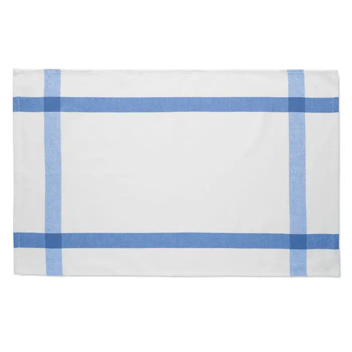 Prosop de bucatarie dreptunghiular alb cu dungi albastre deschise si model grila din material reciclat
