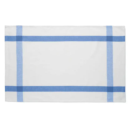 Prosop de bucatarie dreptunghiular alb cu dungi albastre deschise si model grila din material reciclat