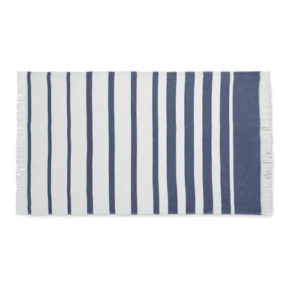 Prosop de hamam seaqual 100x170 alb cu dungi navy si margini franjurate din bumbac eco-friendly