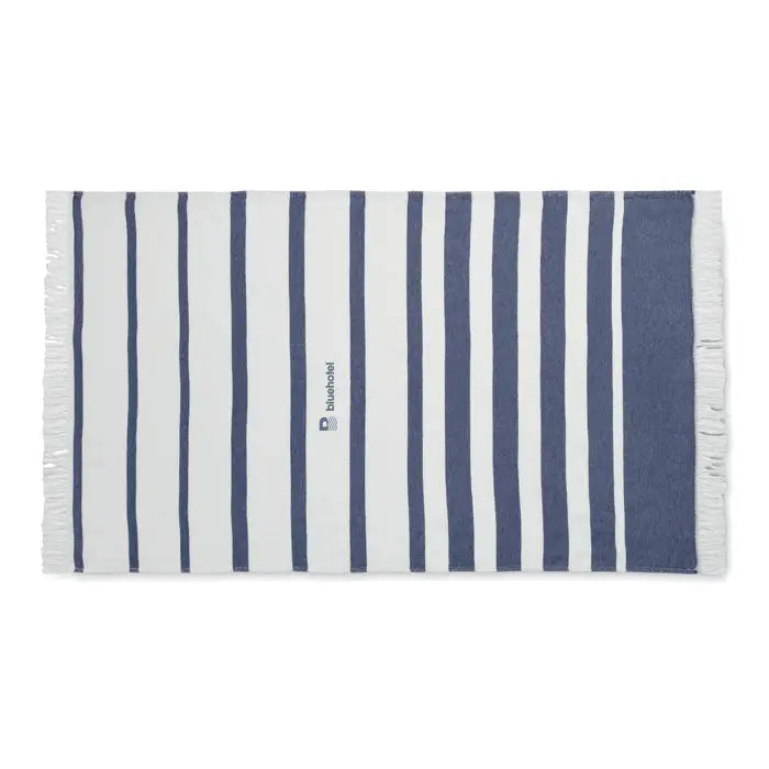 Prosop de hamam seaqual 100x170 navy albastru si alb cu dungi si margini franjurate logo bluehotel gri subtil