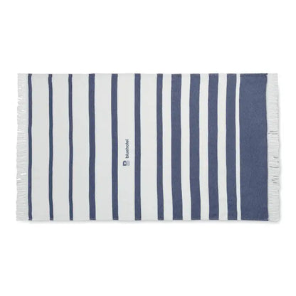 Prosop de hamam seaqual 100x170 navy albastru si alb cu dungi si margini franjurate logo bluehotel gri subtil