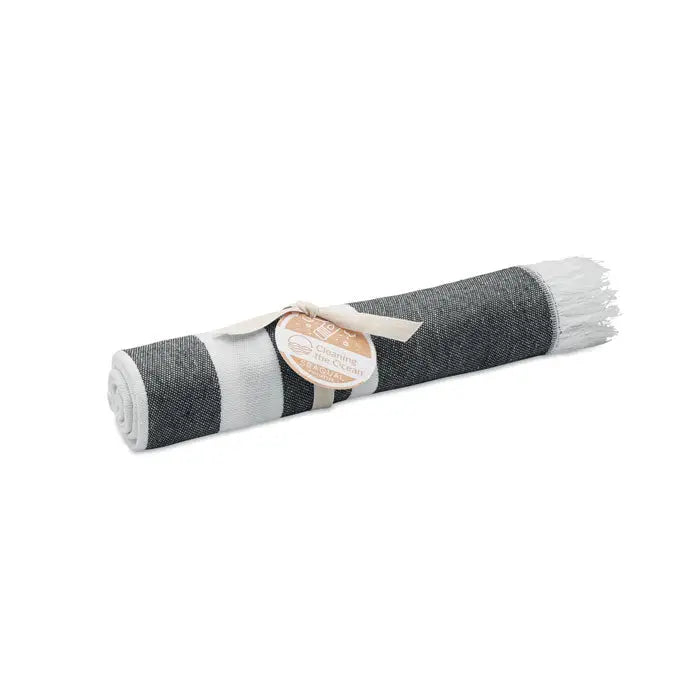 Prosop de hamam seaqual 70x140cm gri si alb cu dungi, margini destramate, legat cu panglica bej