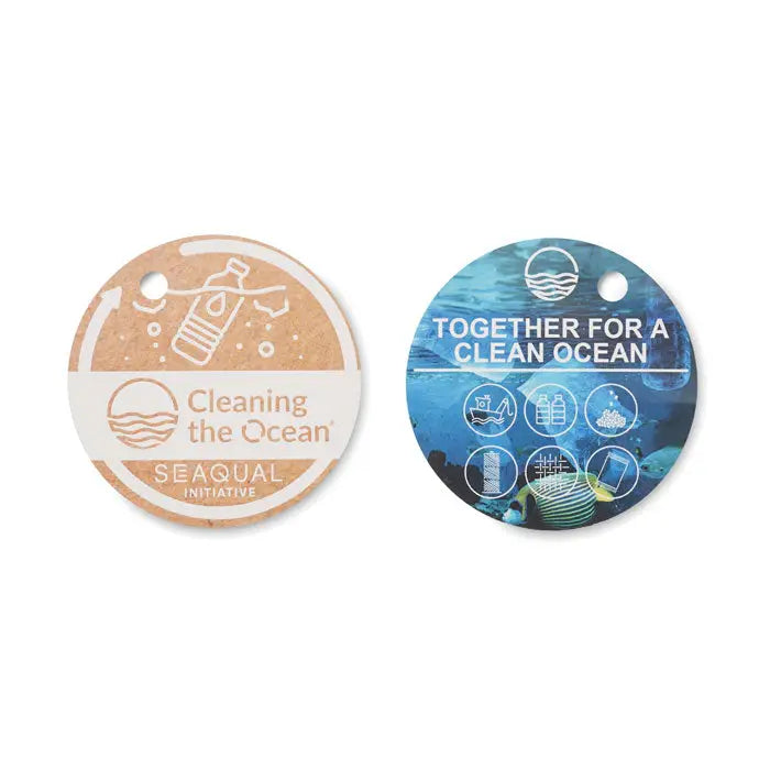 Două etichete circulare eco friendly bej și albastru cu branding seaqual pentru prosop de hamam 70x140cm