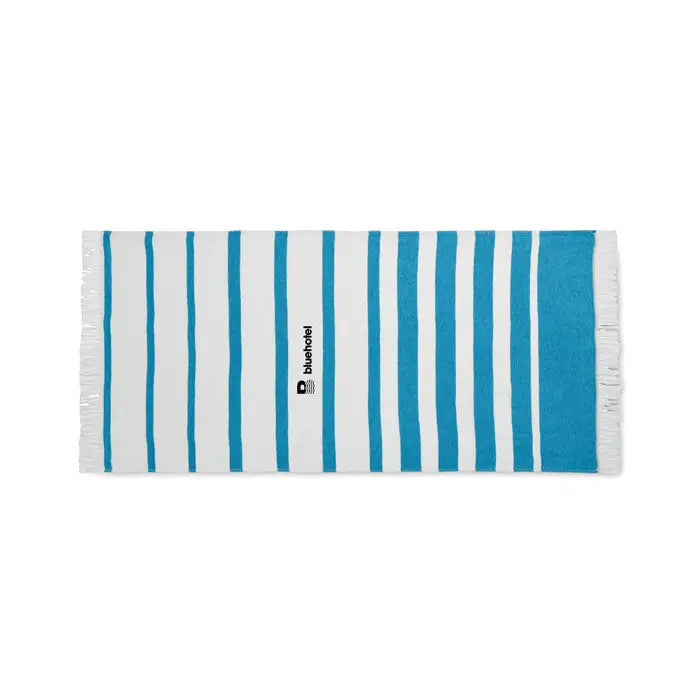 Prosop de hamam seaqual 70x140cm turcoaz cu dungi albe si margini franjurate cu logo bluehotel negru