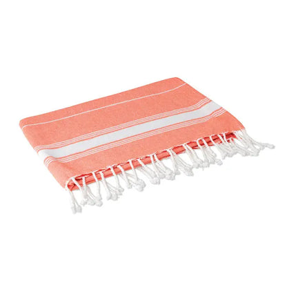 Prosop de plaja bumbac coral cu dungi orizontale albe si margini franjurate 180 gr/m²