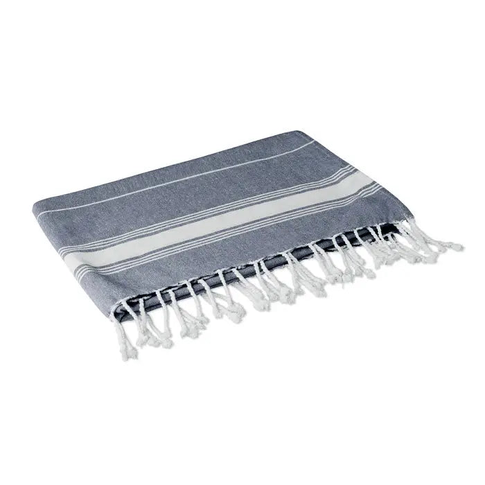 Prosop de plaja din bumbac 180 gr/m² gri cu dungi albe si margini franjurate