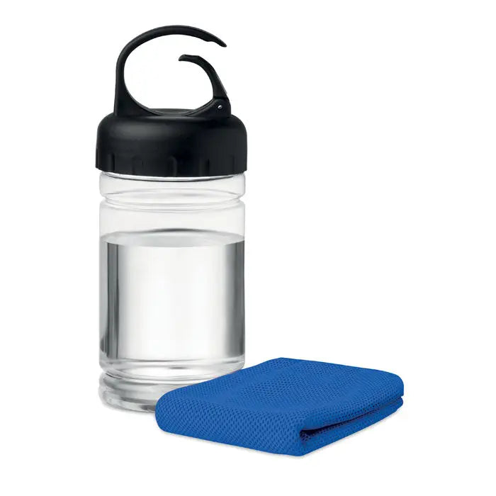 Prosop de racire in sticla pet cu bidon transparent cu capac negru si prosop de racire albastru mesh pliabil