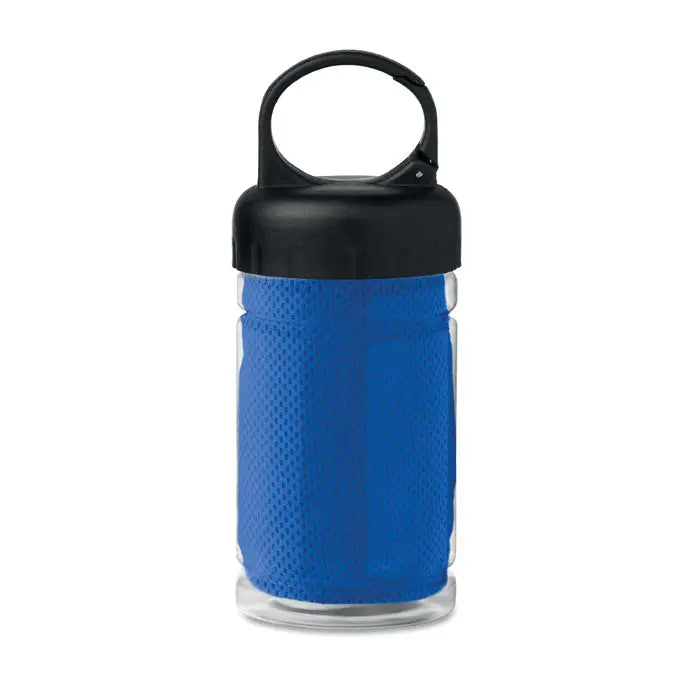 Prosop de racire in sticla pet cu bidon albastru invelit in plasa si capac negru cu maner din plastic