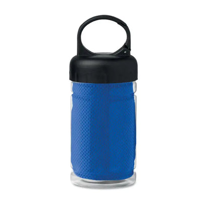 Prosop de racire in sticla pet cu bidon albastru invelit in plasa si capac negru cu maner din plastic