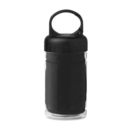 Prosop de racire in sticla pet cu recipient transparent din plastic pet si capac negru cu plasa de protectie