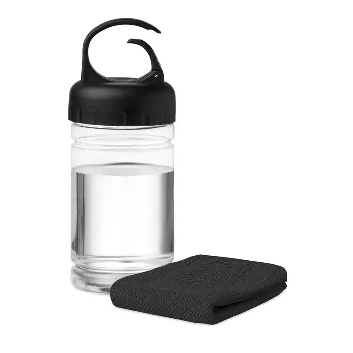 Prosop de racire in sticla pet cu bidon transparent cu capac negru si prosop de racire negru din plasa