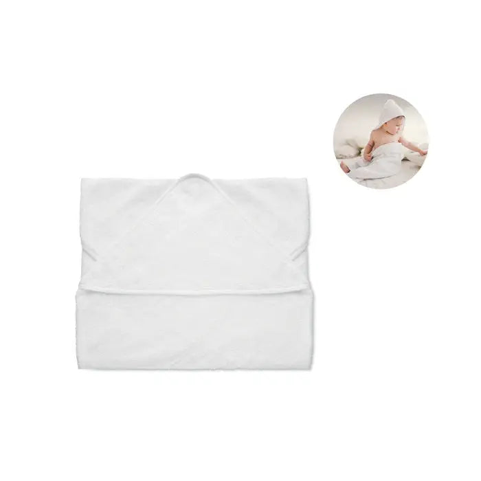 Prosop din bumbac alb cu gluga pentru bebelusi, tesatura moale si absorbanta cu design delicat cu pliuri