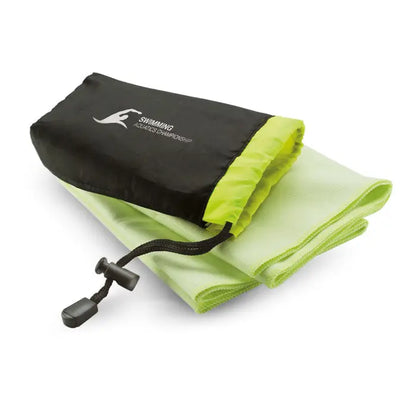 Prosop sport din nailon verde neon pliat in sac negru cu snur cu branding swimming aquatics championship
