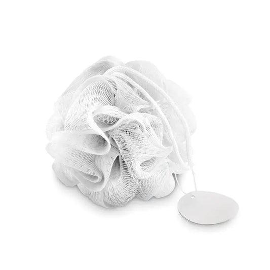 Puf de dus alb din plasă cu mâner în formă de buclă și etichetă atașată pentru exfoliere corporală