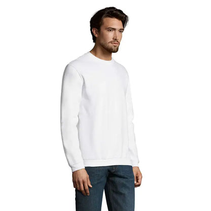 Pulover barbati pajian 260g alb cu guler rotund, maneci lungi si mansete striate din material textil