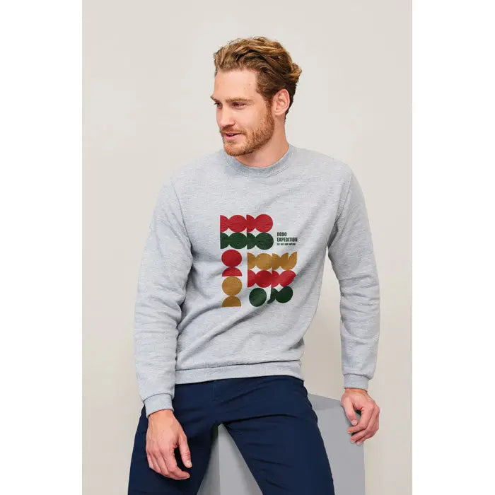 Pulover baRbati pajian 260g gri cu imprimeu geometric colorat cu cercuri rosii, verzi si aurii pe fata