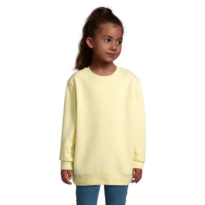 Pulover columbia kids din bumbac moale galben pal cu mâneci lungi și guler rotund cu manșete și tiv ribbed