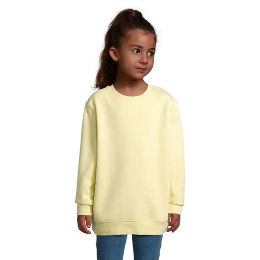 Pulover columbia kids din bumbac moale galben pal cu mâneci lungi și guler rotund cu manșete și tiv ribbed