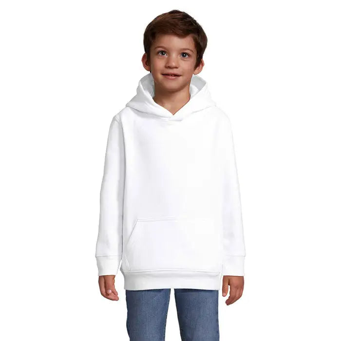 Pulover cu gluga condor kids alb cu buzunar frontal si maneci cu mansete din material confortabil