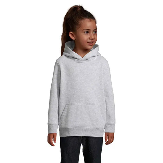 Pulover cu gluga condor kids gri melanj pentru copii cu buzunar frontal si mansete striate din material moale