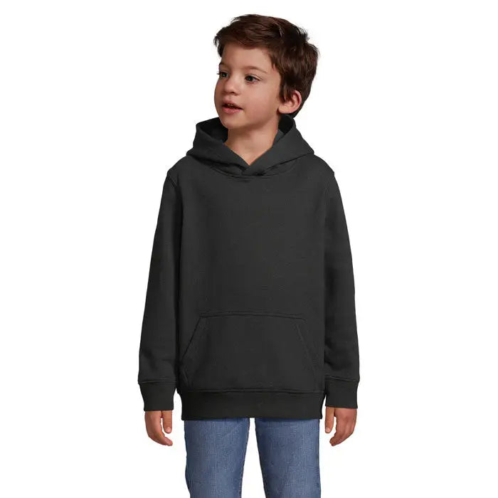 Pulover cu gluga condor kids negru cu buzunar frontal si mansete reiate pentru copii