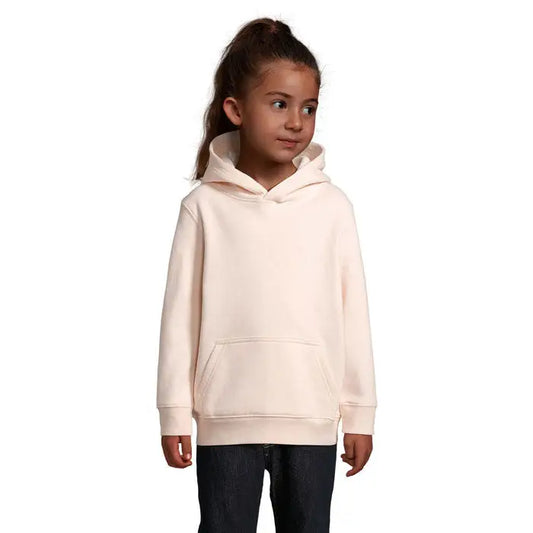 Pulover cu gluga condor kids crem deschis cu maneci lungi, buzunar frontal si manecute striate din material moale