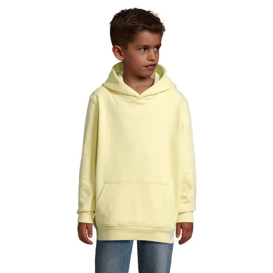 Pulover cu gluga condor kids galben pal, cu maneci lungi, buzunar frontal si mansete riburate