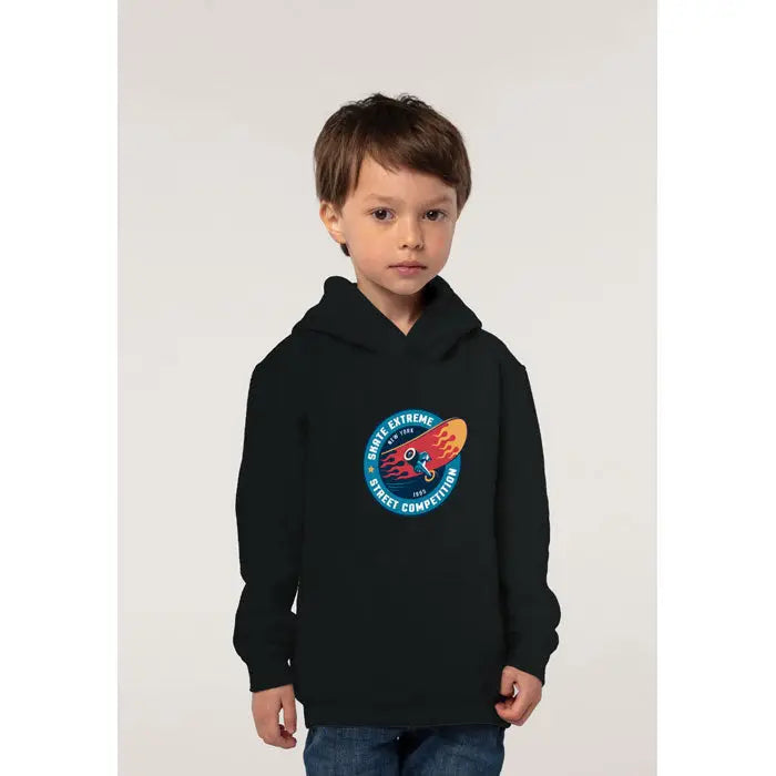 Pulover cu gluga negru pentru copii slam kids cu grafica circulara colorata skateboard si flacari