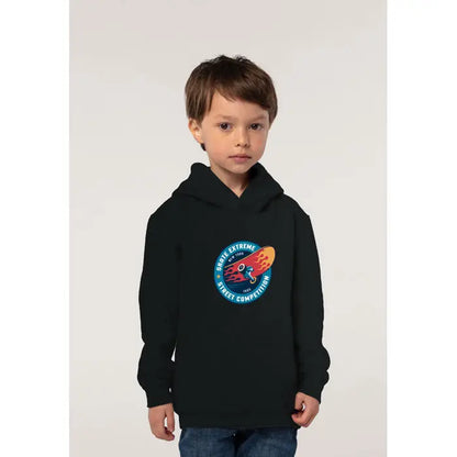 Pulover cu gluga slam kids negru cu grafic circular vibrant de skateboarding si flacari pe material moale