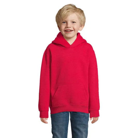 Pulover cu gluga slam kids rosu aprins din fleece moale cu buzunar frontal si gluga