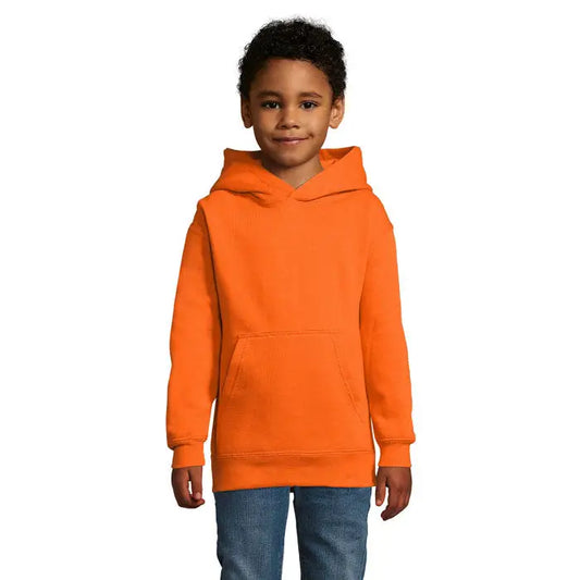 Pulover cu gluga slam kids portocaliu aprins cu buzunar frontal si mansete striate din material confortabil