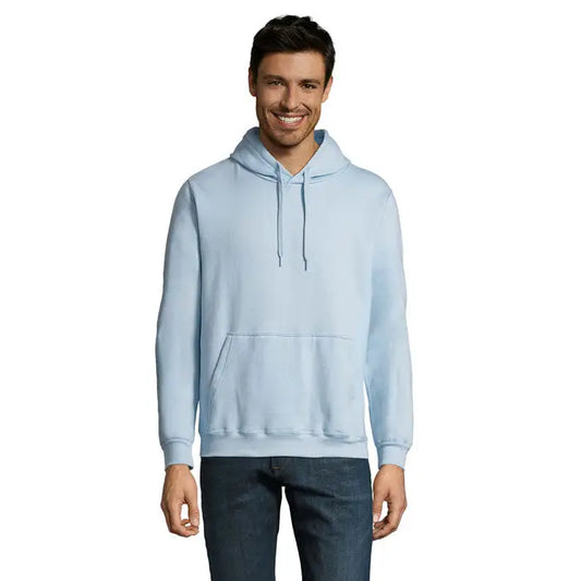 Pulover cu gluga snake albastru deschis din bumbac cu buzunar frontal si snururi ajustabile