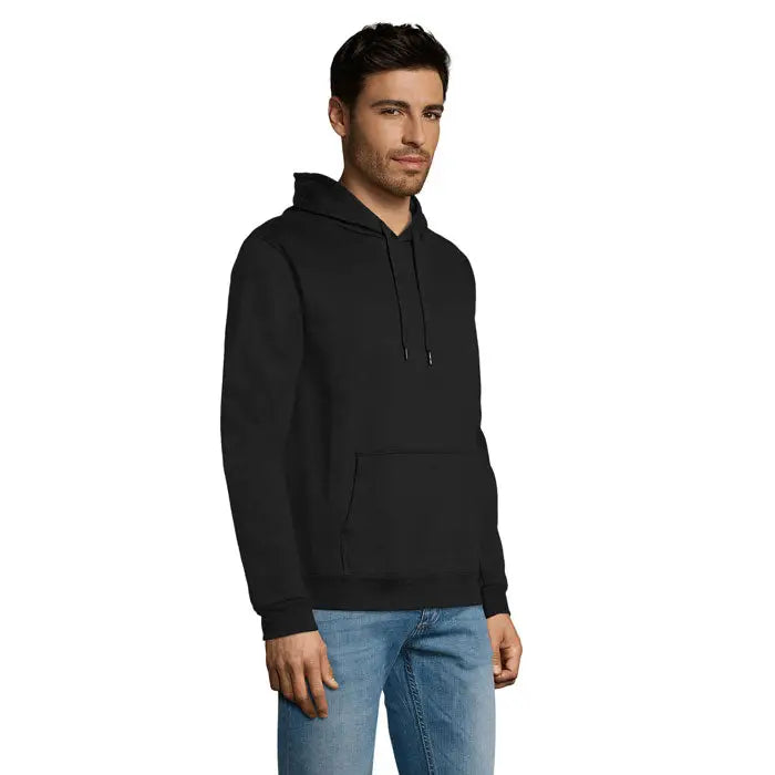 Pulover cu gluga snake negru cu buzunar frontal si snururi pentru ajustare confortabila