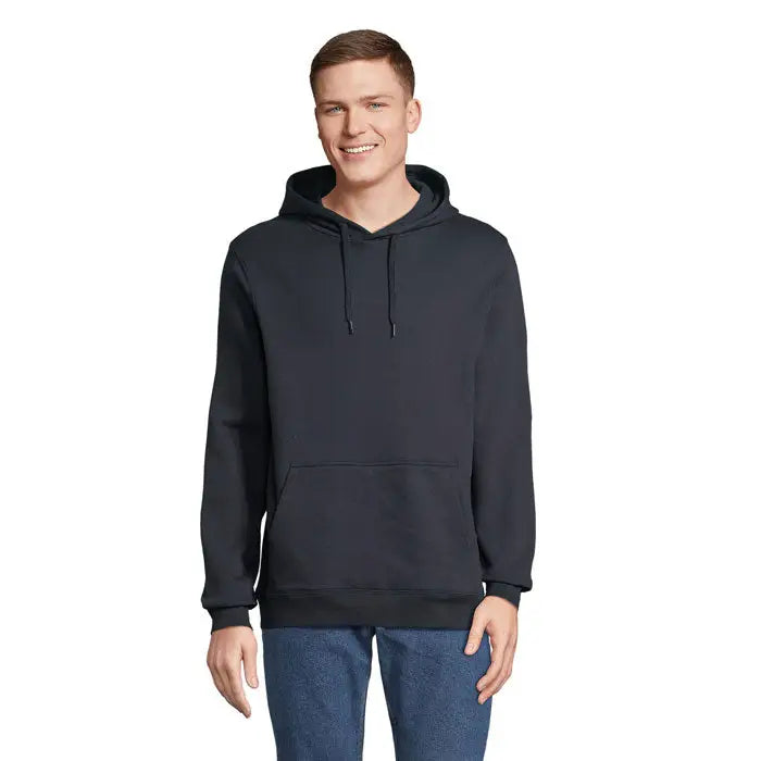 Pulover cu gluga snake negru cu snururi si buzunar frontal din material comod pentru uz casual