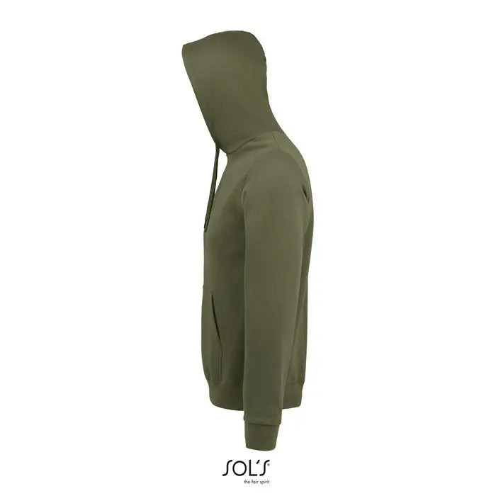 Pulover cu gluga snake olive green cu snur si buzunare frontale din material confortabil
