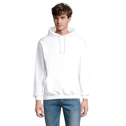 Pulover cu gluga unisex condor din bumbac alb cu gluga ajustabila si buzunar frontal kangaroo