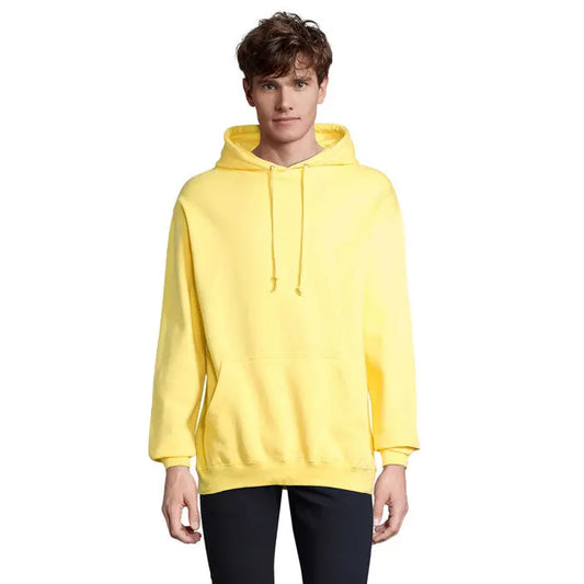Pulover cu gluga unisex condor galben stralucitor cu snururi asortate si buzunar frontal din material comod
