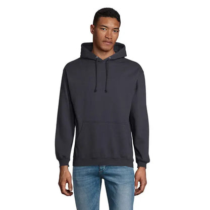 Pulover cu gluga unisex condor gri inchis cu buzunar frontal si snururi la gluga din material comod