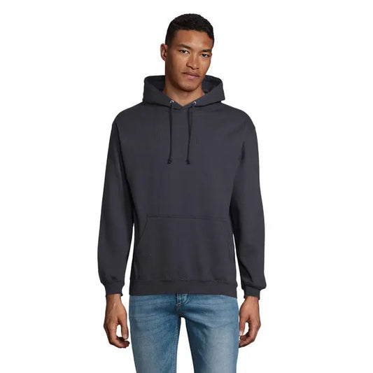 Pulover cu gluga unisex condor gri inchis cu buzunar frontal si snururi la gluga din material comod