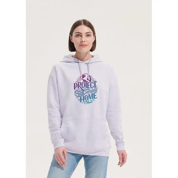 Pulover cu gluga unisex condor gri deschis cu grafic colorat protejarea casei si glob ilustrat