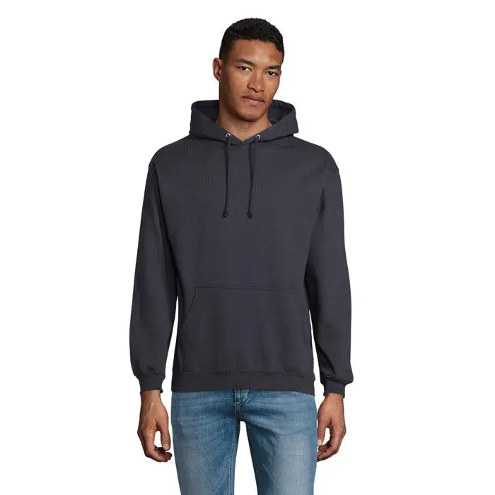 Pulover cu gluga unisex condor gri inchis cu buzunar frontal si snur, material confortabil pentru uz casual