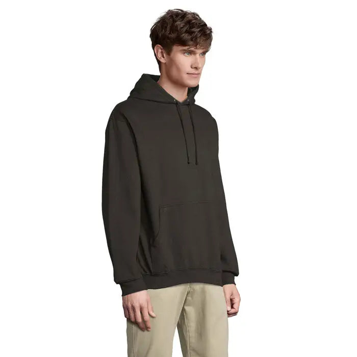 Pulover cu gluga unisex condor negru cu snururi si buzunar frontal din material comod pentru uz zilnic