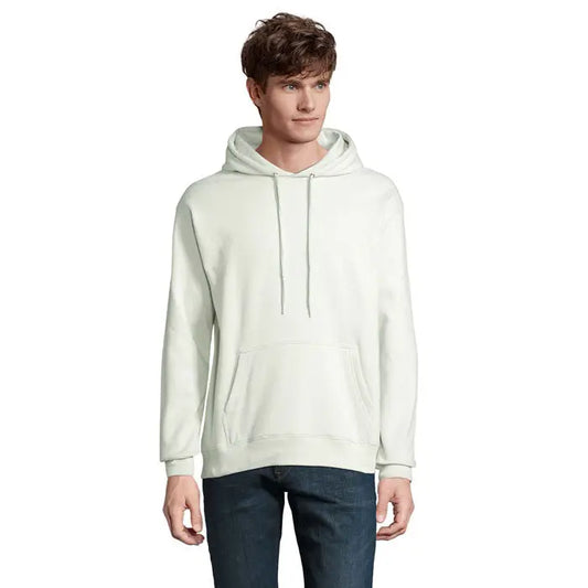 Pulover cu gluga unisex condor alb crem cu gluga, snururi asortate si buzunar frontal din material moale