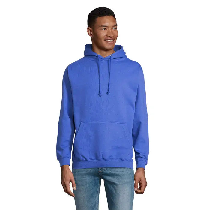 Pulover cu glugă unisex condor albastru regal vibrant cu buzunar frontal și șnururi asortate