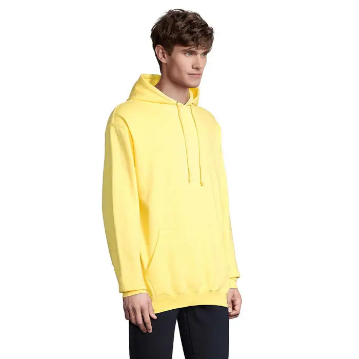 Pulover cu gluga unisex condor galben aprins din bumbac simplu cu buzunar frontal si snururi asortate