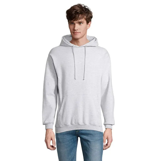 Pulover cu gluga unisex condor gri deschis din bumbac moale cu buzunar frontal si snururi asortate
