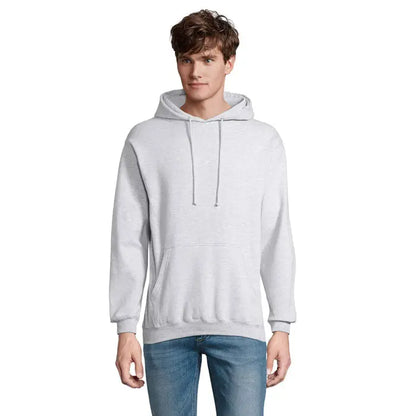Pulover cu gluga unisex condor gri deschis din bumbac moale cu buzunar frontal si snururi asortate