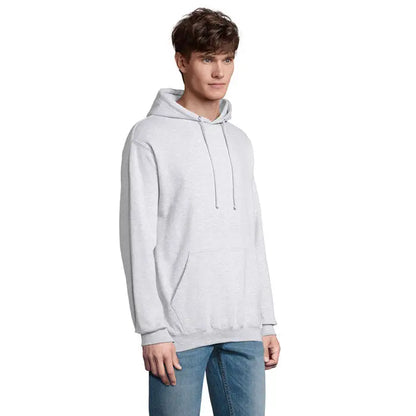 Pulover cu gluga unisex condor gri deschis din bumbac moale cu buzunar frontal si snururi asortate