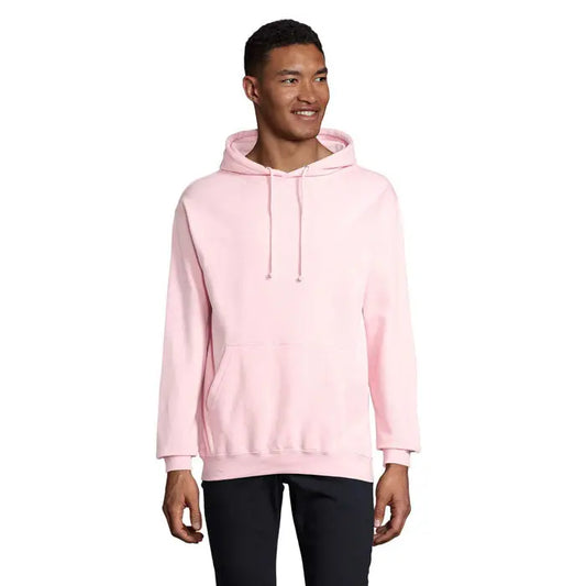 Pulover cu gluga unisex condor in roz pal, croiala clasica, buzunar frontal si snururi asortate