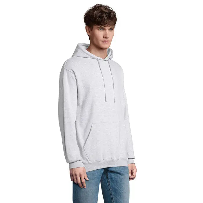 Pulover cu gluga unisex condor gri deschis din bumbac moale cu buzunar frontal si snururi asortate